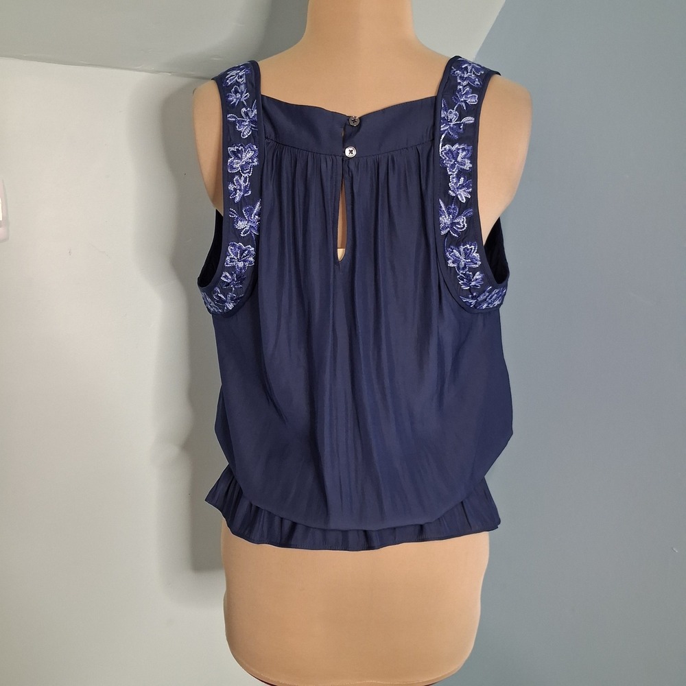Ramy Brook Satin Blue Embroidered Sleeveless Smocked Peplum Top Large NWT - Picture 2 of 13